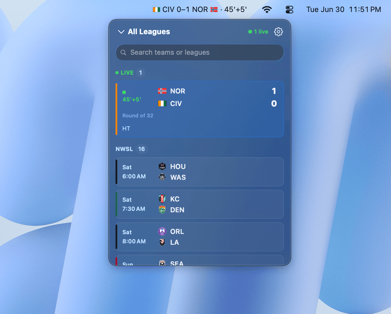 StatBar in the macOS menu bar with the live scores popup open